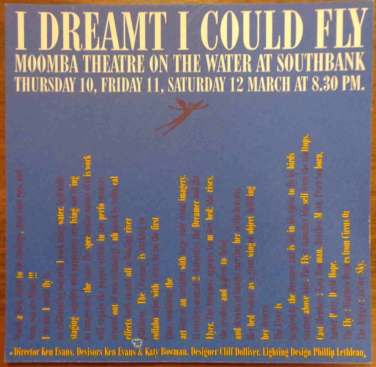 I Dreamt I Could Fly Handspan Theatre blue poster with yellow text