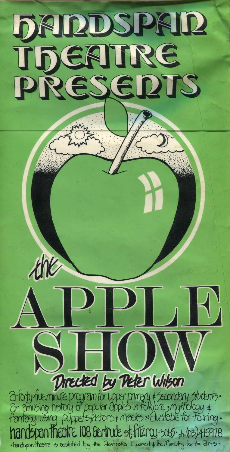 Handspan Theatre The Apple Show green advertising poster, in worn condition with picture of a large apple