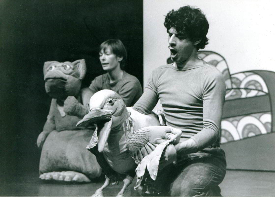 Handspan and Mushroom Troupe Bombora puppeteers on stage at Alexander Theatre with a fur-covered numbat creature and a seagull