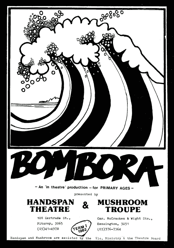 Handspan/Mushroom troupe co-production flyer black and white hand-drawn image of a breaking wave
