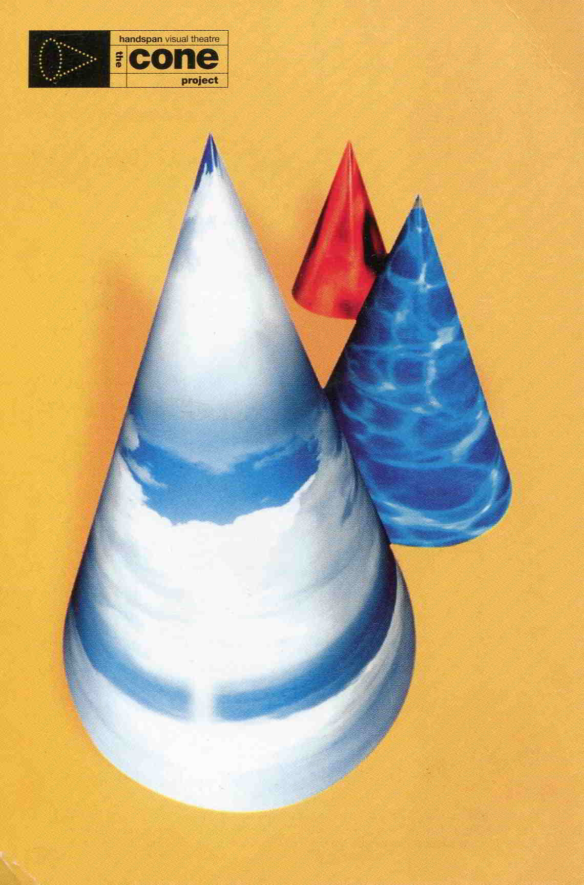 Handspan Productions Cone Project promotional postcard blue and red cones on orange background