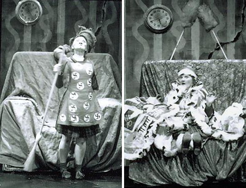 Handspan Theatre Daze of Our Lives 2 pictures side by side of woman wearing an apron covered in swastika symbols (left) and dressed as a queen in an armchair (right)