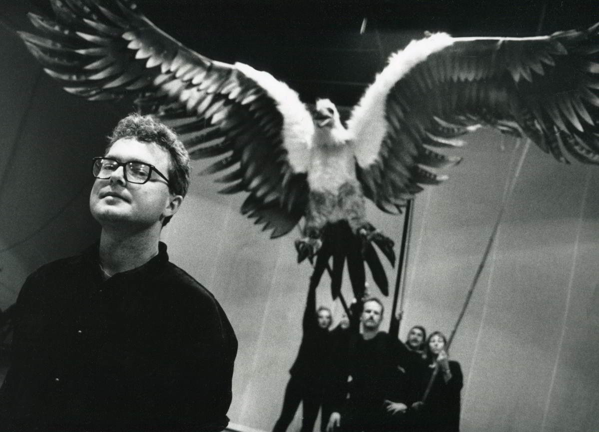 Gullivers Travels scriptwriter Andrew Bovell in front of large puppet eagle
