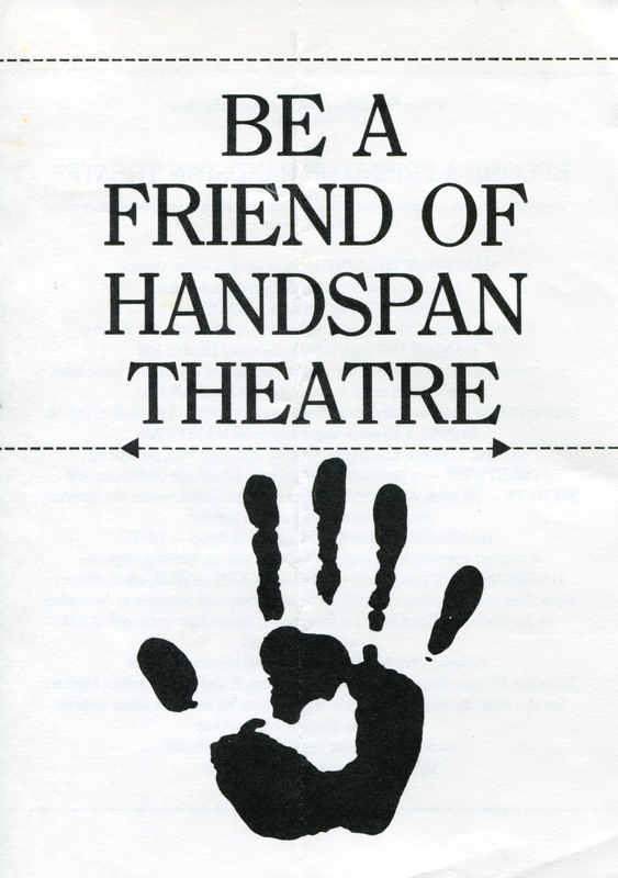 black text on white paper, Be a Friend of Handspan Theatre with handprint logo