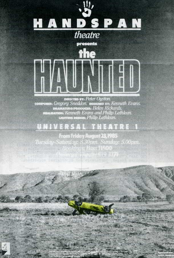 Handspan Theatre Poster for The Haunted grey background picturing desert with yellow upside down car