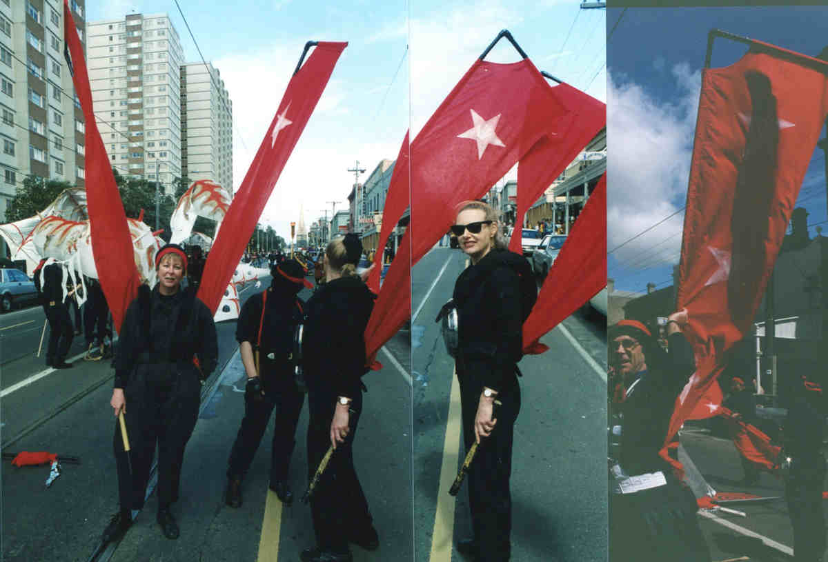 Held on the Breath of the Wind Handspan Theatre montage of 3 photos showing puppeteers in black suits waiting with red banners on city street