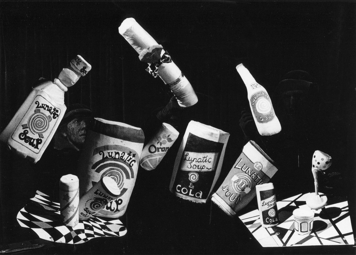 Handspan Theatre Lunatic Soup bottles and cans  of tempting drugs against a black background