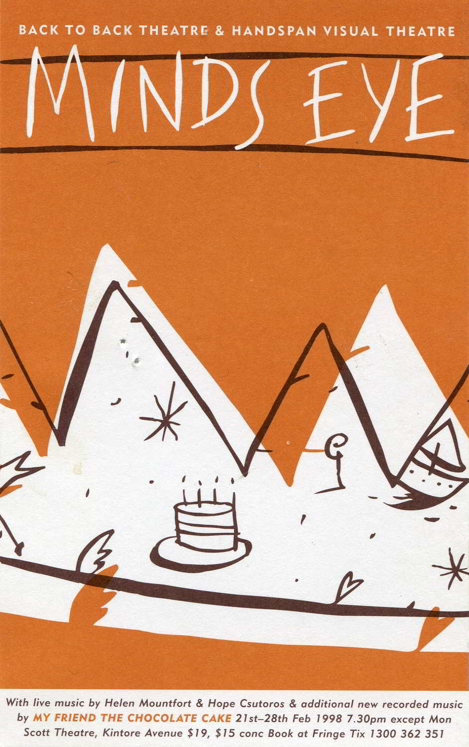 Handspan Theatre & Back-to-Back Mind's Eye orange postcard with white mountain peaks and line drawn cake and boat