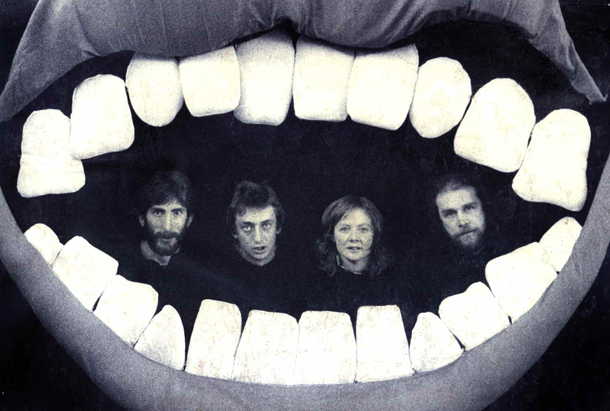 Handspan Theatre The Mouth Show cast 1979 portrait of four people inside the mouth