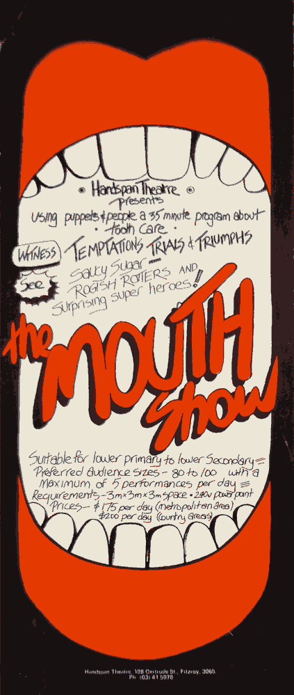 Mouth Show Handspan Theatre red and white hand-drawn poster with information written between the lips of a large mouth