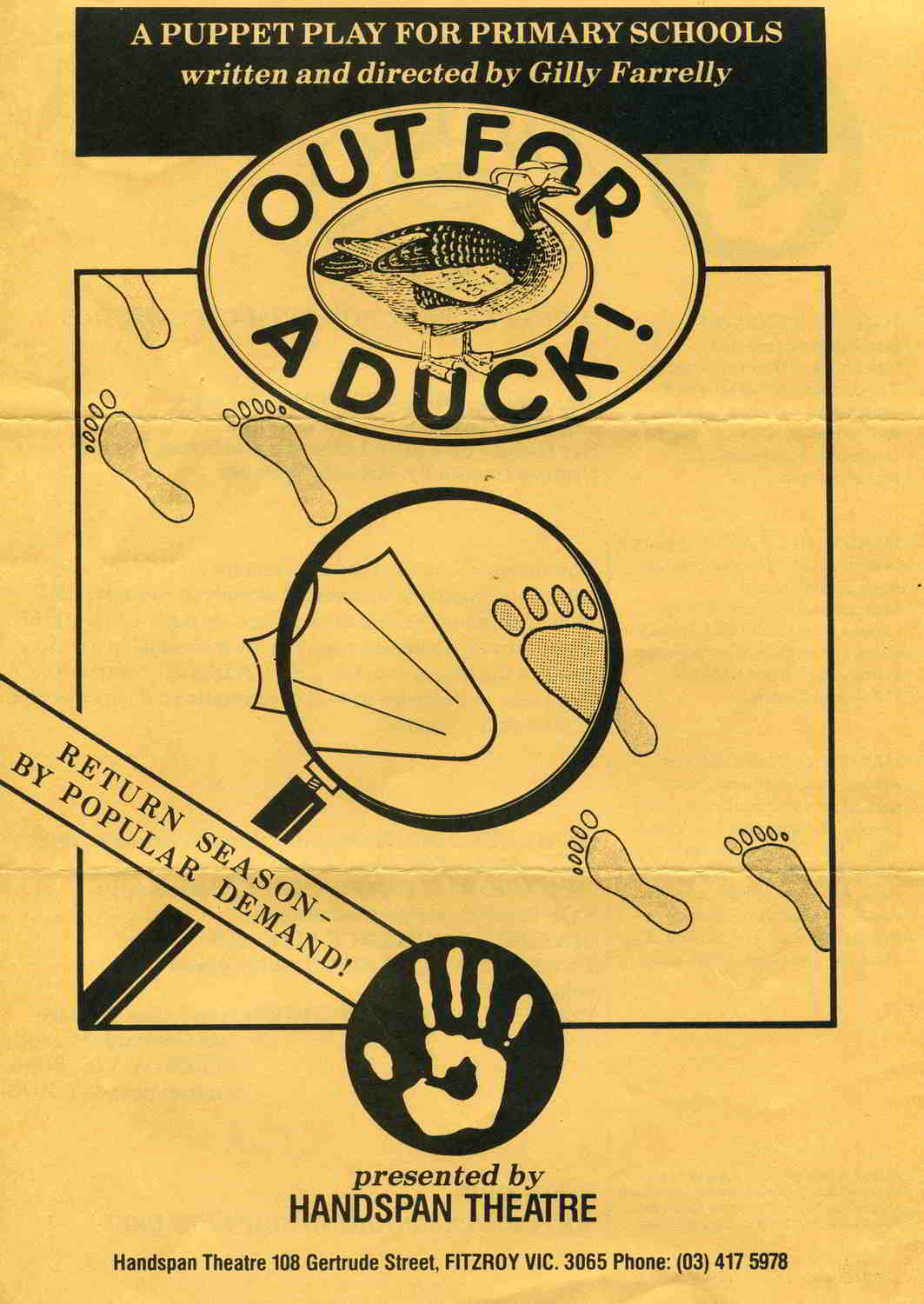 Handspan Theatre Out For A Duck line drawn advertising flyer black print on yellow
