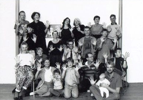 Handspan Theatre 1988 line up of company members and some of their children