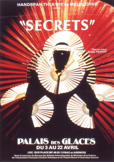 Secrets Handspan Theatre 1984 Palais des Glaces poster black, red and white photo of fans open around dark figure