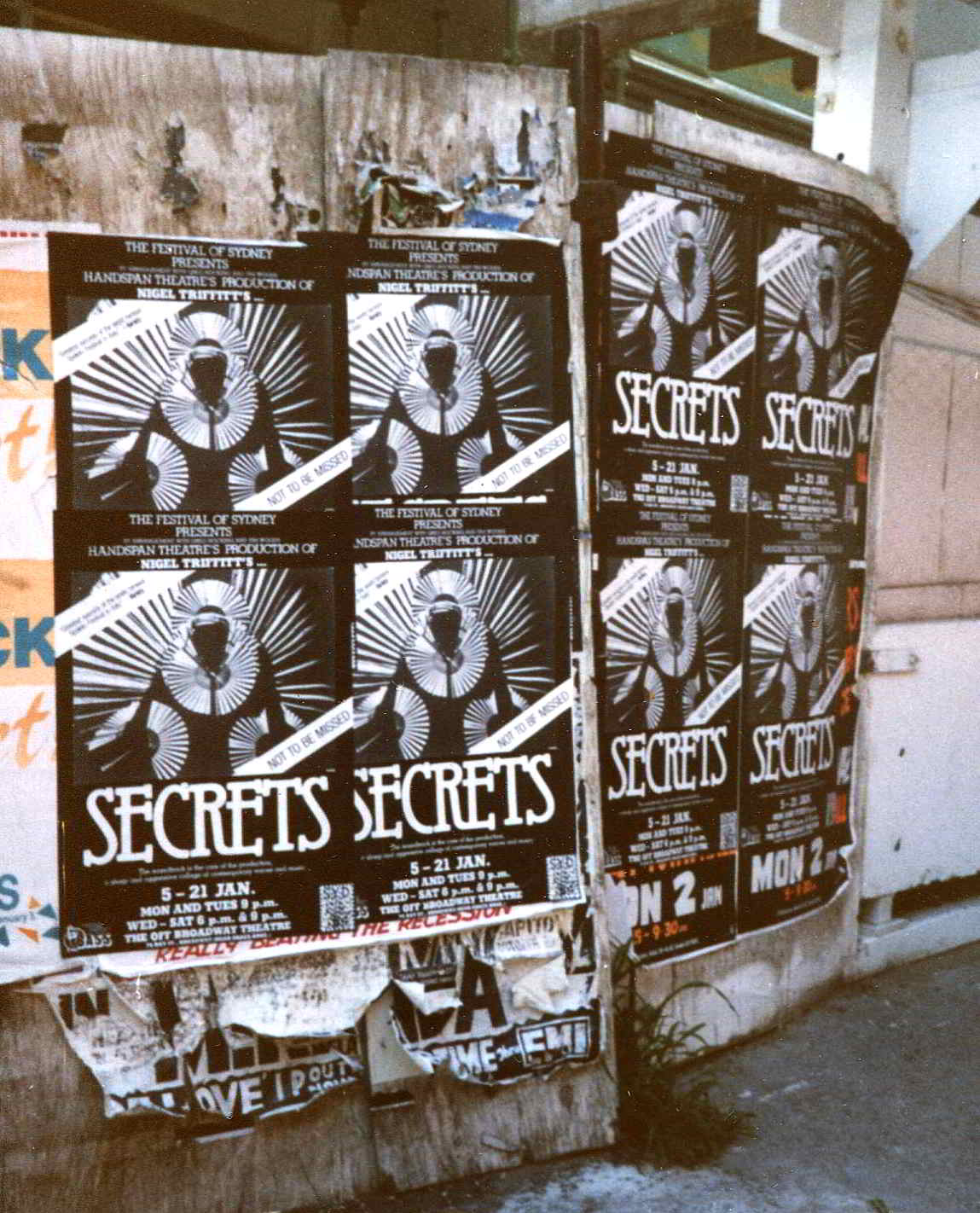 Secrets Handspan Theatre black and white street posters Sydney 1984 