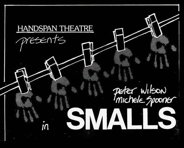 SMALLS Handspan Theatre flyer line drawing of handprints pegged to clothesline