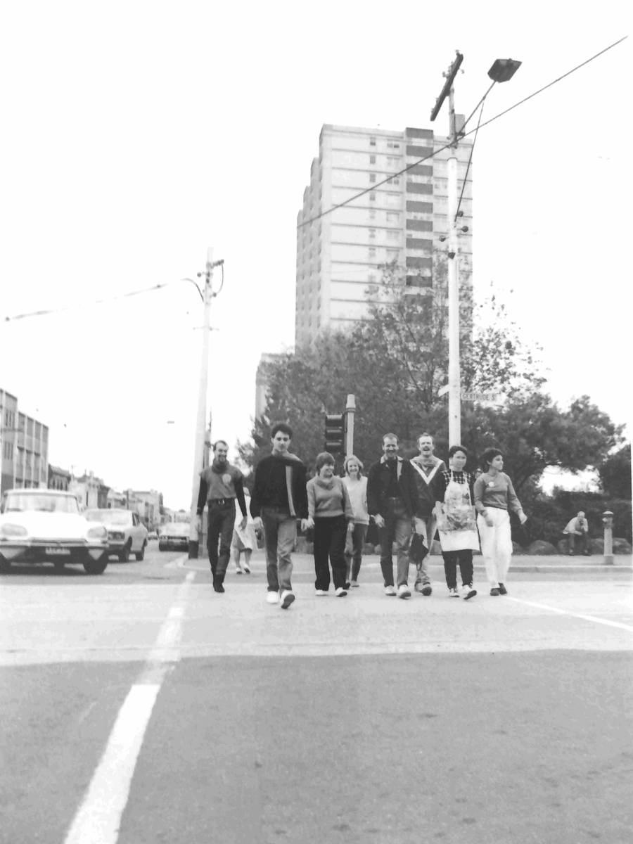 Handspan At Home peoplecrossing street intersection Fitzroy 1983