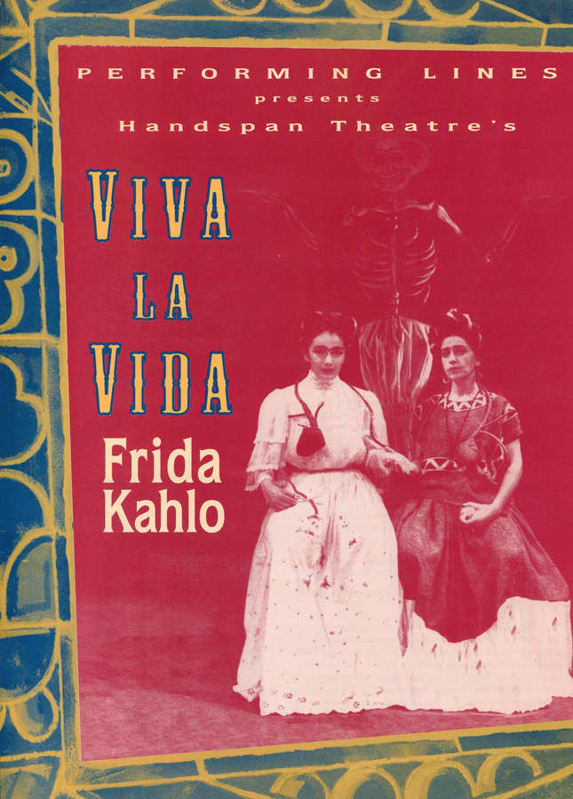 simple design showing two Fridas and text on solid dark red background