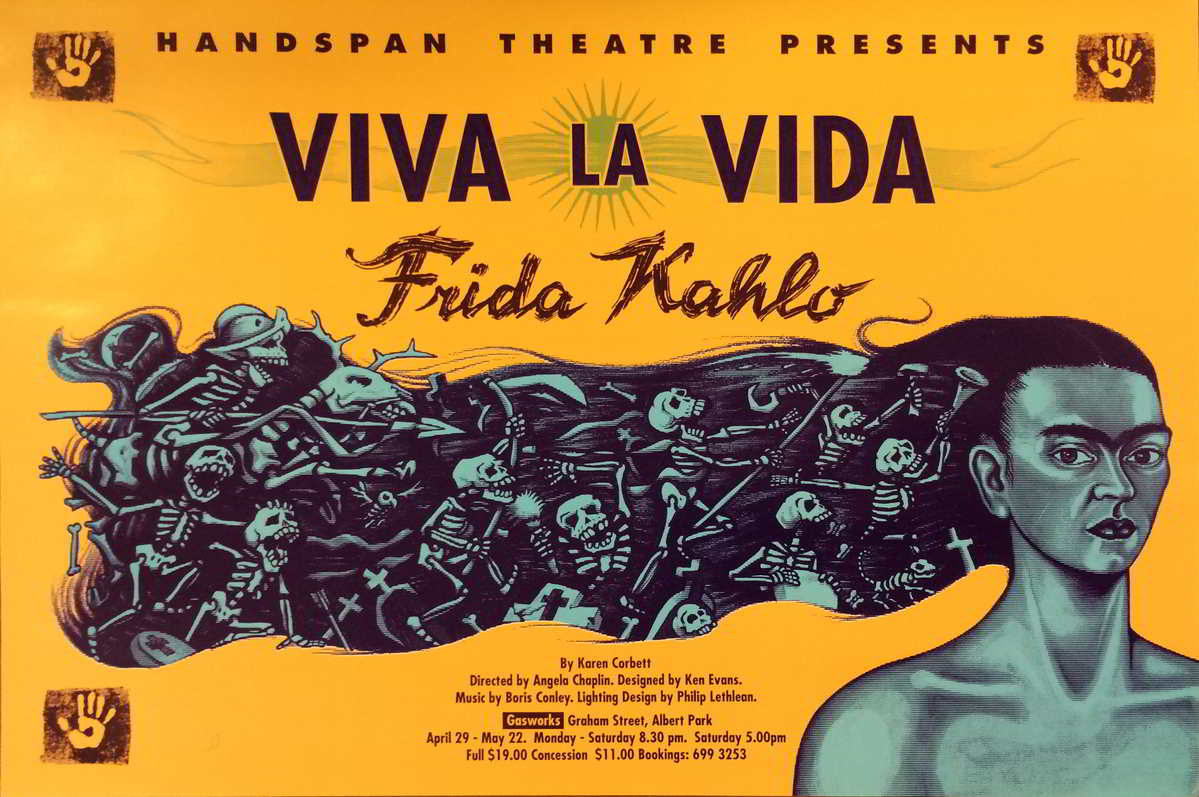 Handspan Theatre Viva la Vida Frida Kahlo poster orange with purple woman's face and hair full of skeletons streaming behind
