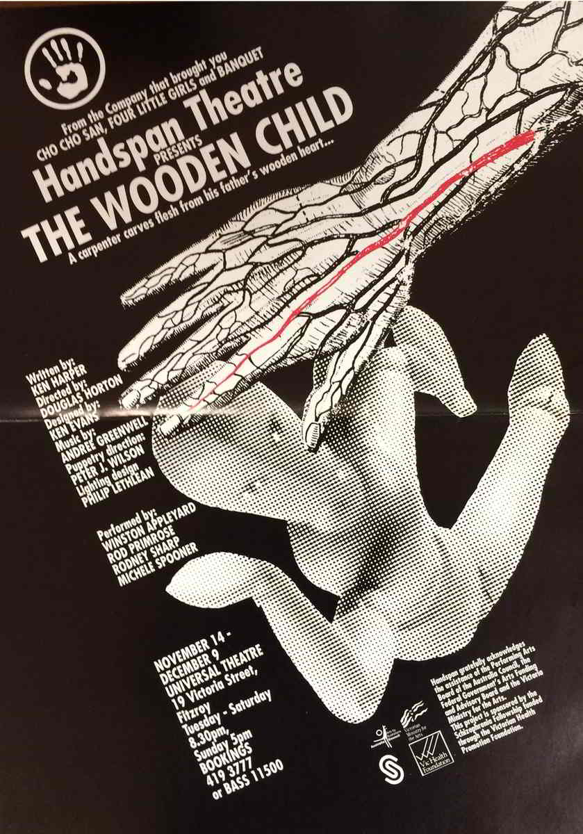 Handspan Theatre The Wooden Child black and white with red accent, photo of wooden puppet with line-drawing of human hand in protective gesture