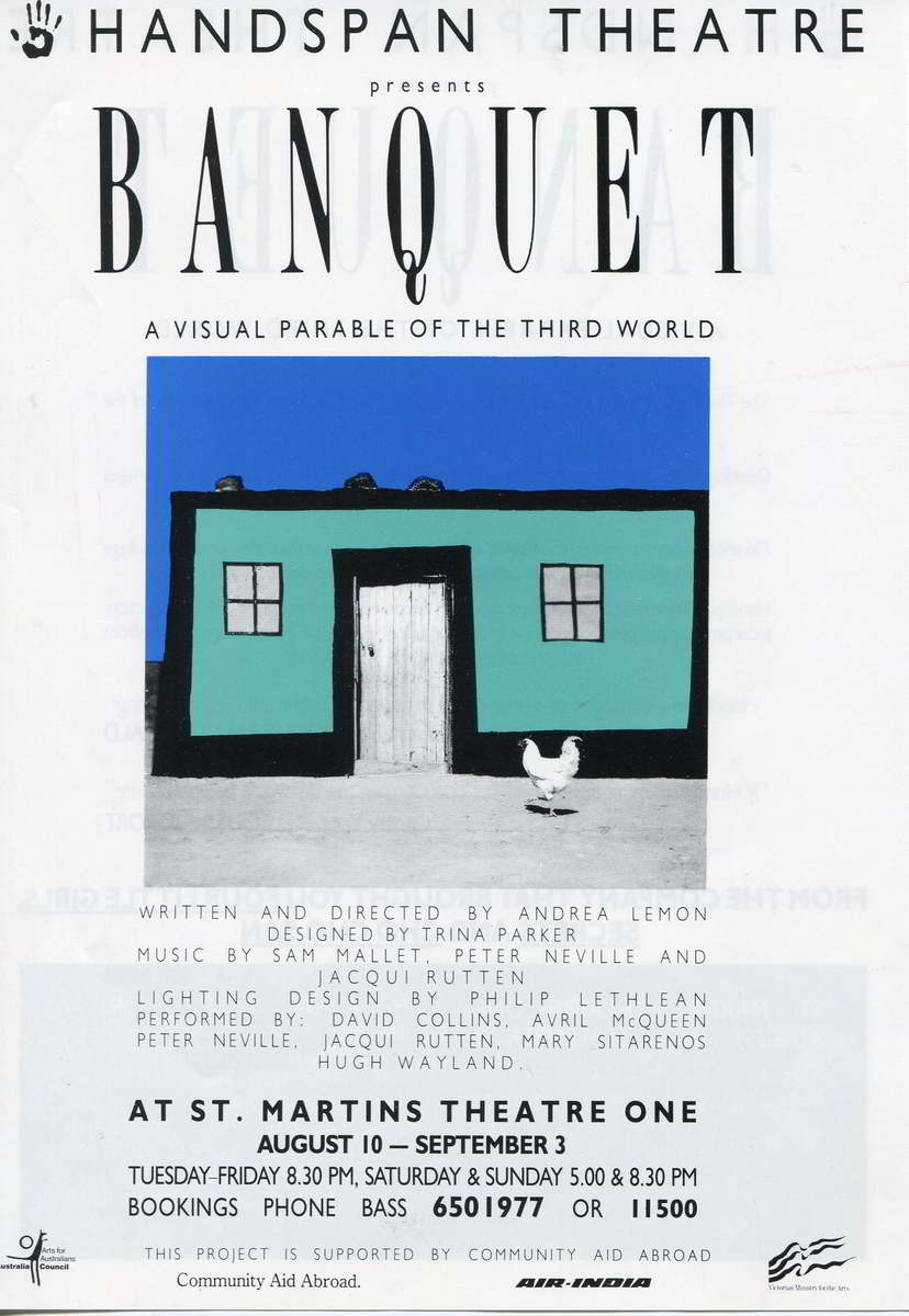 handspan Theatre Banquet white poster with black text and central square image of blue sky and box house