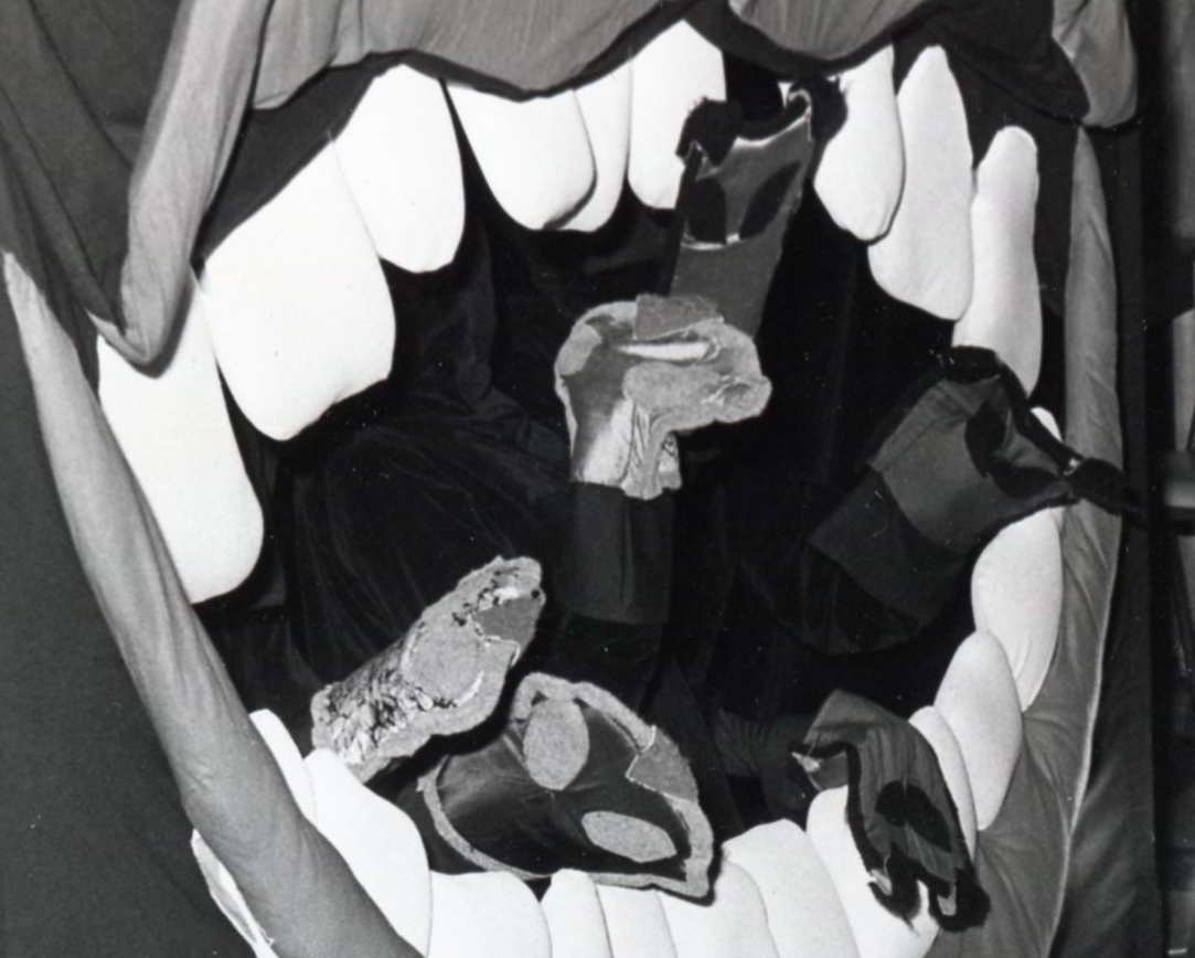 Handspan Theatre The Mouth Show Flat 'potholder' puppets swarming across the white teeth in the mouth