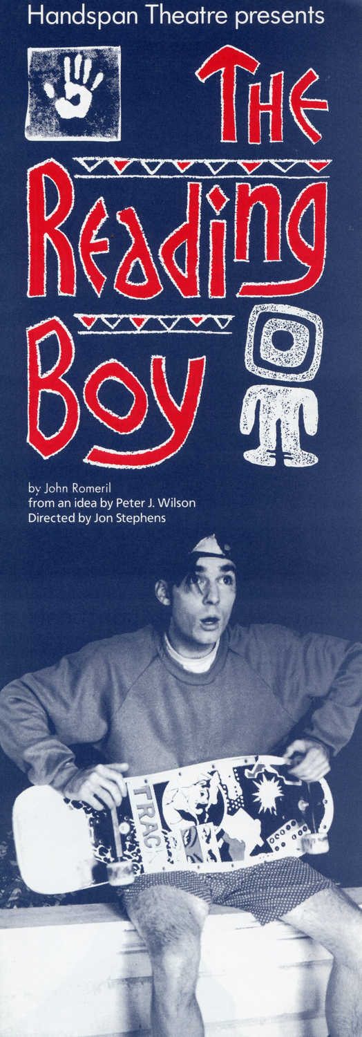 Handspan Theatre The Reading Boy program cover blue background  with red title script and white writing and photo of seated boy in baseball cap holding a skateboard