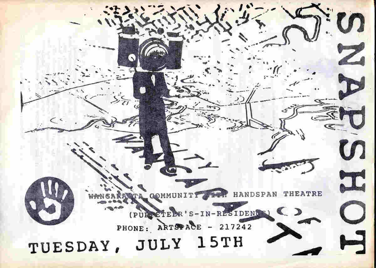 Handspan Theatre Snapshot -  advertitisng flyer black drawing of cameraman on white