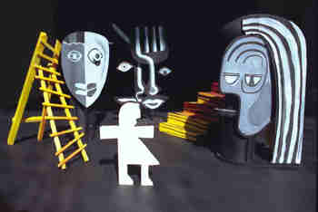 set model with ladder, large faces and paper doll.