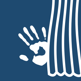 handprint logo with stage curtain
