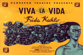 yellow poster with text and portrait of Kahlo, hair streaming ou and filled with memento mori